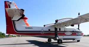 Aero Flite's water bomber, a Bombardier CL-415 Superscooper, sits on the BLM-Alaska Fire Service tarmac at Ladd Field on Tuesday, May 19, 2015, at Fort Wainwright. This plane is larger than the CL-215 seen previously fighting fires in Alaska. With its turbo prop engines and greater carrying capacity, this will be a more efficient aircraft for the job. Sam Harrel BLM-AFS photo