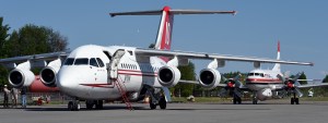 A British Aerospace BAe 146 sits ahead of a Convair CV580 at the BLM- Alaska Fire Service retardant tanker base Tuesday, May 19, 2015, on Ladd Field at Fort Wainwright. The Convair turboprop tankers have been used in Alaska for several years. This will be the first season in Alaska for the jet propelled BAe 146. Sam Harrel BLM-AFS photo
