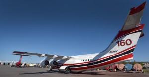 Tanker-160 sits on the BLM-Alaska Fire Service Tanker Base tarmac Saturday morning, May 23, 2015, on Ladd Air Field at Fort Wainwright. The British Aerospace RJ8, operated by Aeroflite, is stationed in Spokane, Wash. It arrived Friday to bolster the aviation firefighting capabilities in Alaska. Red Flag Warnings remain in effect for the Interior of Alaska. Sam Harrel BLM-AFS photo