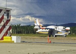 Scooper Plane lands at the Tanacross Air Tanker Base to refuel after making water drops on the Tetlin Hills Fire. Photo Credit: Jim Schwarber, Alaska Division of Forestry  