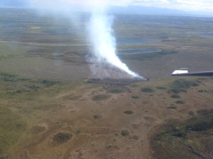 An aerial photo of the Horseshoe Lake Fire near Big Lake at approximately 5 p.m. Photo by Jason Jordet/Alaska Division of Forestry