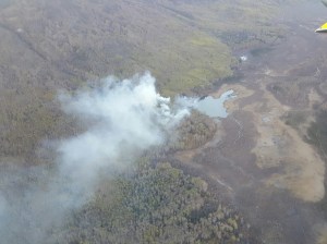 An aerial photo of an approximately 10-acre fire burning in a remote area near the Knik River near Palmer. 