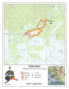 A map from the Alaska Division of Forestry shows the perimeter of the Tetlin River Fire approximately 20 miles south of Tok.
