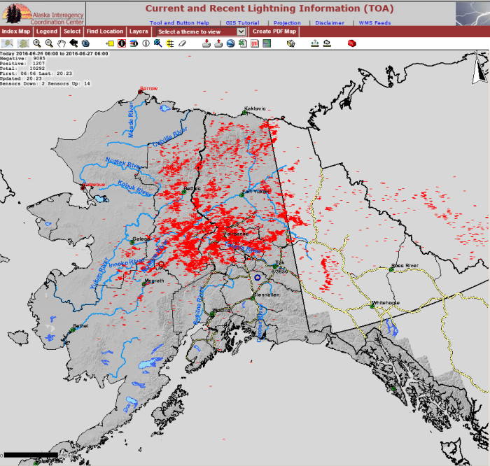 10,292 lightning strikes were recorded across Alaska between 6 a.m. and 6 p.m. on June 26, 2016.