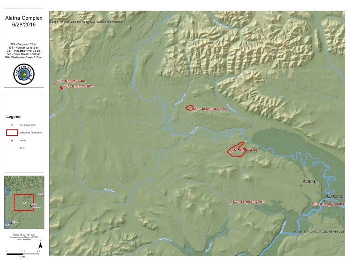 A June 30, 2016 BLM Alaska Fire Service map of the Alatna Complex, which includes five fires burning north and west of Allakaket and Alatna. 