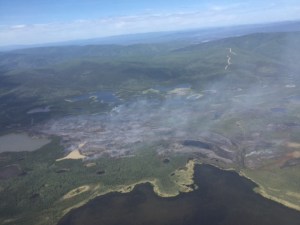 An aerial photo of the approximately 1,000-acre Tetlin River Fire taken at around 11:30 a.m. on Saturday. Photo by Tony Chapman/BLM Alaska Fire Service