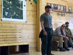 Incident Commander Jon Glover from the Alaska Division of Forestry addresses Tetlin village residents in a community meeting Monday afternoon in Tetlin. Photo by Sarah Saarloos/Alaska Division of Forestry