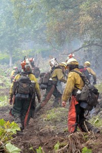 A squad of sawyers with the Tahoe Hotshots climb up the left flank of the McHugh Fire on Thursday, July 21, 2016.The fire, just south of Anchorage, is burning in steep, rocky terrain littered with large downed trees. Sam Harrel/Alaska Division of Forestry