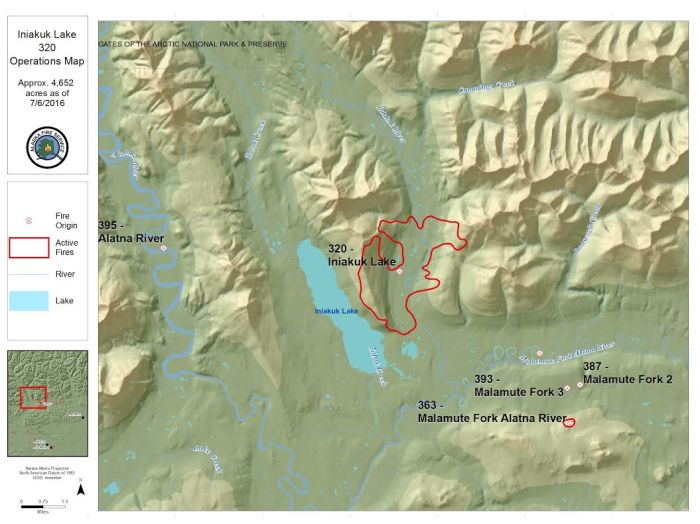 Map of the Iniakuk Fire (number 320) that is burning on the east side of Iniakuk Lake located about 42 miles northwest of Bettles.