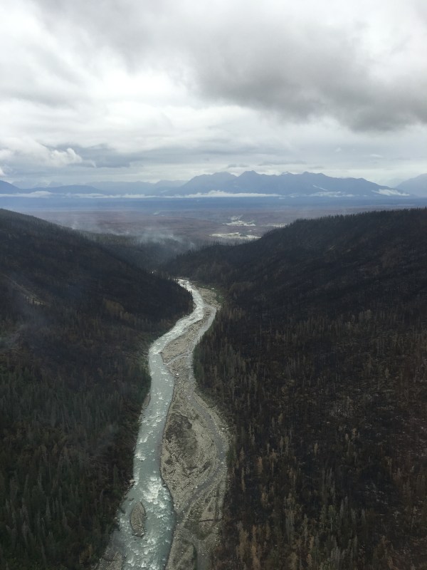 The Steamboat Creek Fire smolders in the Chakina River drainage on July 25, 2016.