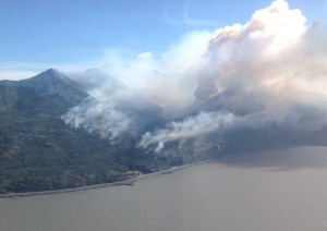 A photo of the McHugh Fire south of Anchorage along the Seward Highway taken at approximately 11 a.m. The Alaska Division of Forestry is now estimating the fire at 500-600 acres. Jordan Jordet/Alaska Division of Forestry