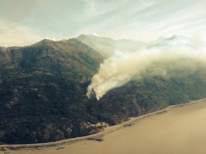 This photo from Alaska Division of Forestry air attack personnel shows the location of the wildfire burning near McHugh Creek Trail south of Anchorage near Mile 111 Seward Highway. Rich Webser/Alaska Division of Forestry
