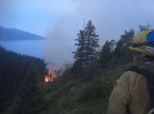 An Alaska Division of Forestry firefighter stands above a wildfire burning in the McHugh Creek drainage south of Anchorage off the Seward Highway at approximately 3 a.m. Sunday. Firefighters have not been able to reach the fire on foot yet due to steep terrain. Renette Saba/Alaska Division of Forestry
