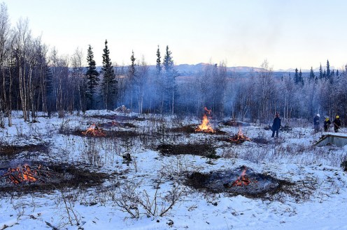Bureau of Land Management Bureau of Land Management Alaska Fire Service specialists monitor burning piles of brush as part of a prescribed burn project in U.S. Army Alaska’s Donnelly Training Area near Fort Greely Nov. 4, 2016. The piles were created by U.S. Army Alaska hand crews working to remove dead and decaying vegetation and black spruce in an effort to reduce the chances of a wildfire on military lands. AFS provides wildland fire management for 1.6 million acres of military withdrawn public land under an interagency service agreement with U.S. Army Alaska. (Army photo/John Pennell)