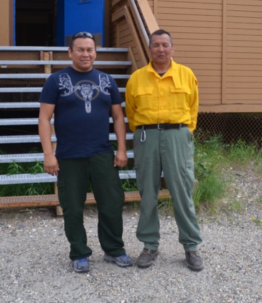 Calvin Moses (on lef) and his brother Rudy both worked on the Alatna Complex in Allakaket in June. Photo by Celeste Prescott/BLM Alaska Fire Service