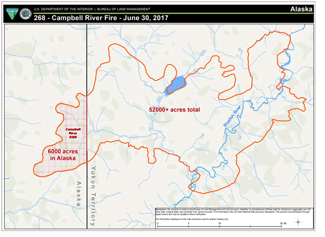 Using satellite imagery, the Campbell River Fire is estimated to be more than 58,000 acres in size; 6,000 of which has burned in Alaska in the Arctic National Wildlife Refuge.