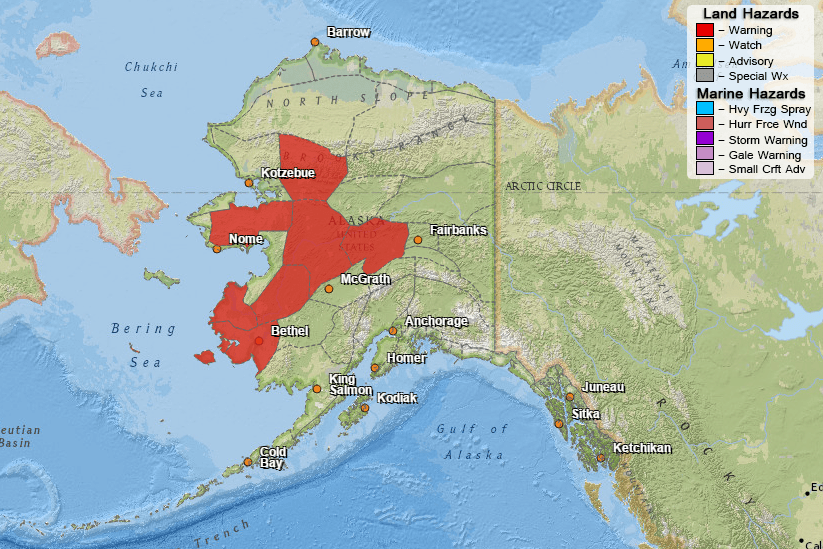 The National Weather Service has issued Red Flag Warnings for a large area of Alaska today. This means dry, hot and windy conditions are ripe for rapid fire spread. Go to http://www.weather.gov/arh/fire to learn more.