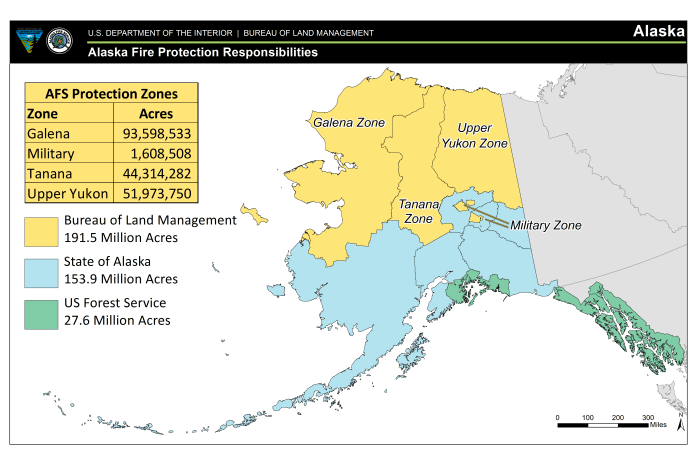 This map shows the various BLM Alaska Fire Service Protection Zones.