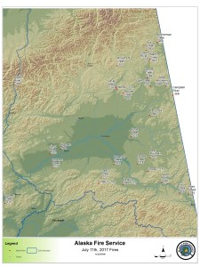 This is a map of the Upper Yukon Zone showing the active fires as of July 11.