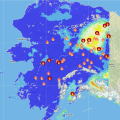 This map shows the Fine Fuel Moisture Code (FFMC), the level found in fine fuels such as grass, for Alaska on Tuesday, July 25, 2017. The Alaska Interagency Coordination Center's MesoWest application shows the Yukon Flats as the driest part of the state. The flames show where there are active fires.
