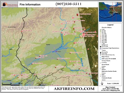 The map shows the active fires burning in the northeastern and central parts of Alaska.