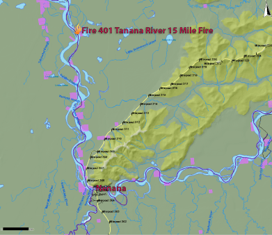 The Tanana River 15 Mile Fire is burning 15 miles down the Tanana River from Nenana. (Map provided by the Alaska Interagency Coordination Center)