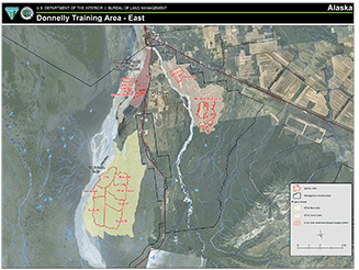 Map of Donnelly Training Area. Burning is tentatively scheduled on the Wills Range Complex, Battle Area Complex, and Bolio Lake Project Area and Buffalo Drop Zone.