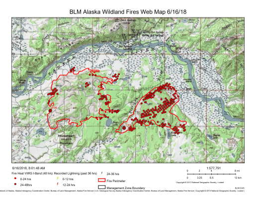 Map showing where the Zitziana River Fire, on right, and the Mooseheart Fire are burning south of Manley (6/16/16).