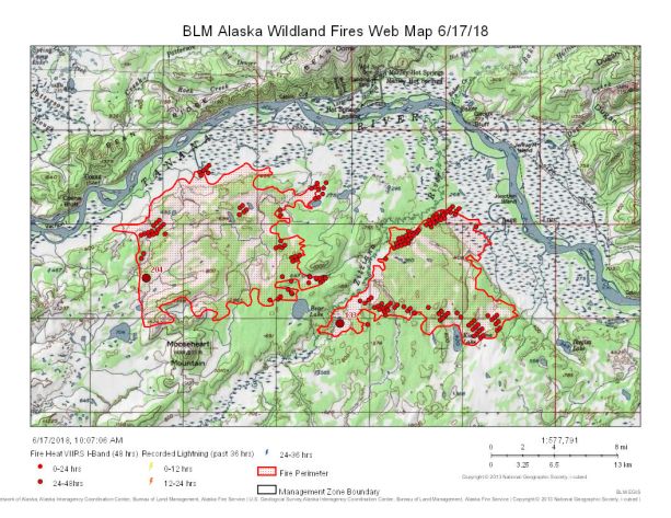 Map of Mooseheart Fire (#204), on left, and Zitziana River Fire (#133) burning south of Manley Hot Springs on June 17, 2018.