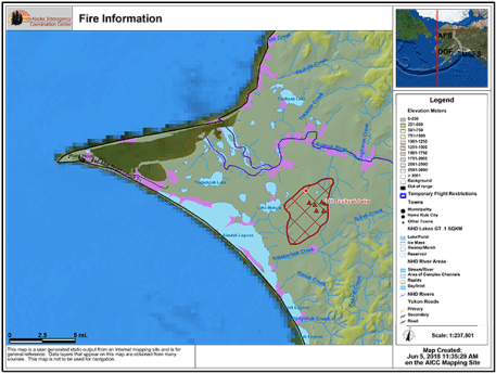 Map of Tusikpak Lake Fire (#116) burning near Point Hope.