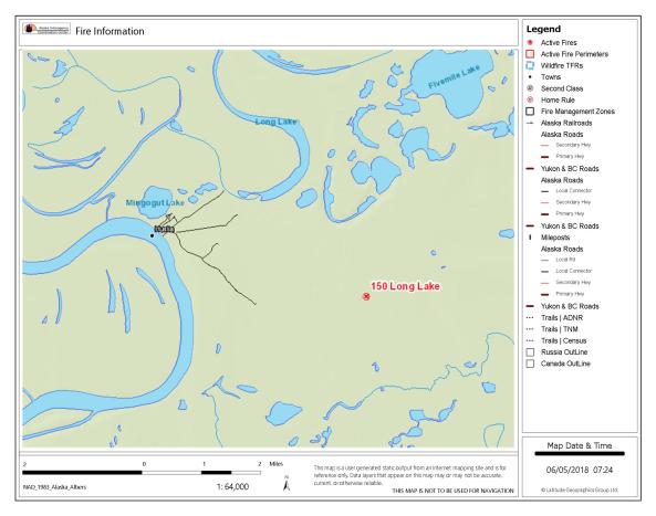 Map of Long Lake Fire (#150) three miles east of Huslia.
