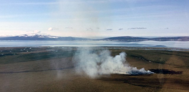 Work is wrapping up on the Fishing Village Fire (#207) that started Thursday night near Golovin. This photo was taken when firefighters flew over the area Friday afternoon. Photo by Ryan McPherson, BLM AFS