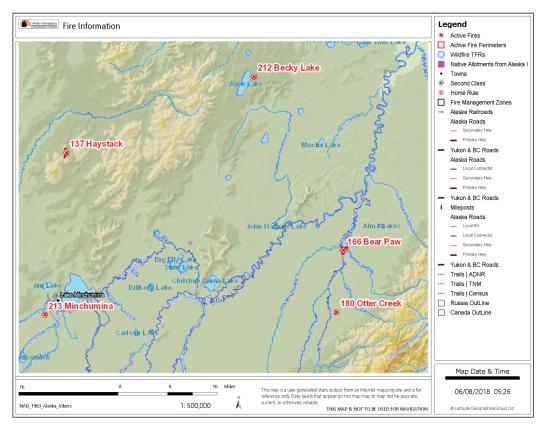 Map showing fires in the area around Lake Minchumina and Wein Lake in the Tanana Zone Fire Management Zone on June 8, 2018.