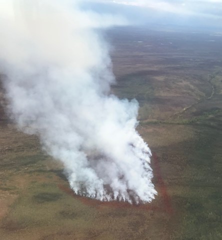 Lines of red fire retardant boxed the 60-acre Minchumina Fire (#213) burning near Lake Minchumina Friday evening. Photo by Tim Whitesell, Alaska Division of Forestry