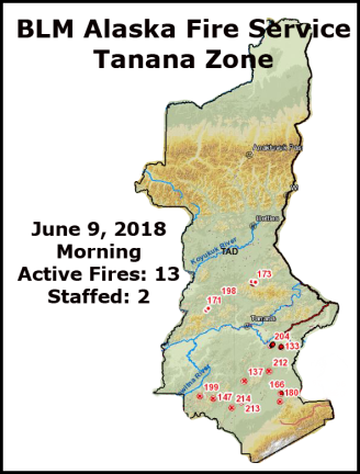Map of fires in the BLM AFS Tanana Zone for June 9, 2018.