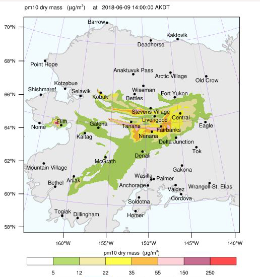 Modeling from the UAFSMOKE Wildfire Smoke Prediction for Alaska website shows how smoke from multiple fires will drift east through central Alaska on Saturday, June 9, 2018. This screenshot shows the prediction for the smoke location at 2 p.m. Saturday. For more information go to http://smoke.arsc.edu/forecast.html