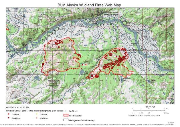 Map showing the Mooseheart Fire (on left) and the Zitziana River Fire (on right), which are burning about eight miles south of Manley Hot Springs.