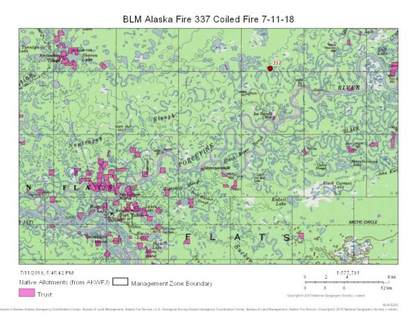 Map of the Coiled Fire (#337) burning about 17 miles northeast of Fort Yukon.