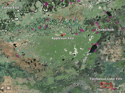 Map of the Applevun, Tiechovun Lake and Coiled fires in relation to Chalyitsik.
