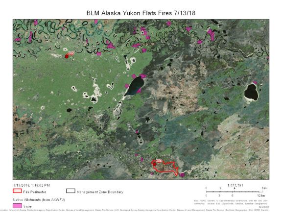 Map of Tiechovunk Lake Fire (#304) and Applevun Fire (#305) burning near Chalkyitsik.