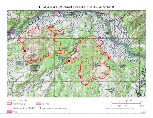 The 59,097-acre Zitziana River Fire (#133) on the right and the 56,602-acre Mooseheart Fire (#204) are burning south of Manley Hot Springs about 100 miles west of Fairbanks.