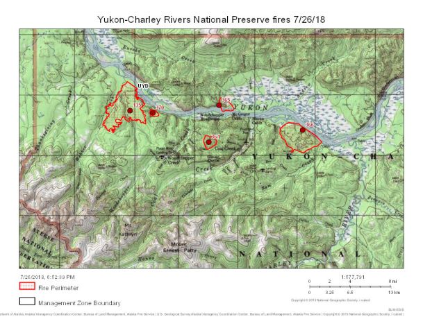 This maps show some of the fires burning in the Coal Creek area within the Yukon-Charley Rivers National Preserve on July 27, 2018.