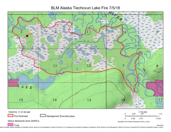 Map of Tiechovunk Lake Fire on July 5, 2018