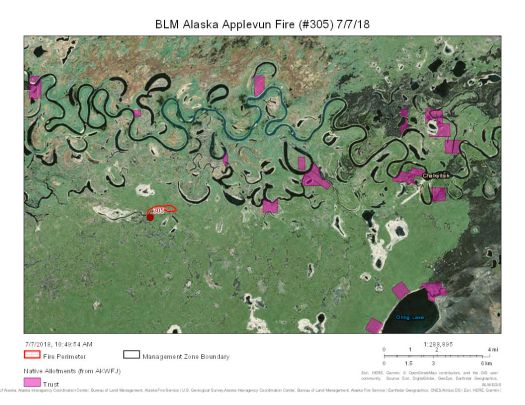 Map of Applevunk Fire in relation to Chalyitsik.