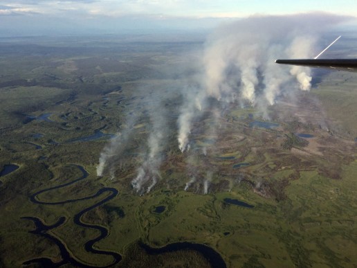The Tiechovun Lake Fire (#304) is burning about 16 miles south of Chalkyitsik and has not changed much since this photo was taken on July 2, 2018. Photo by John Lyons, BLM AFS