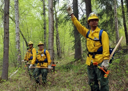 Photo of Federal emergency firefighters candidates going through rookie training provided by BLM Alaska Fire Service in the spring of 2018