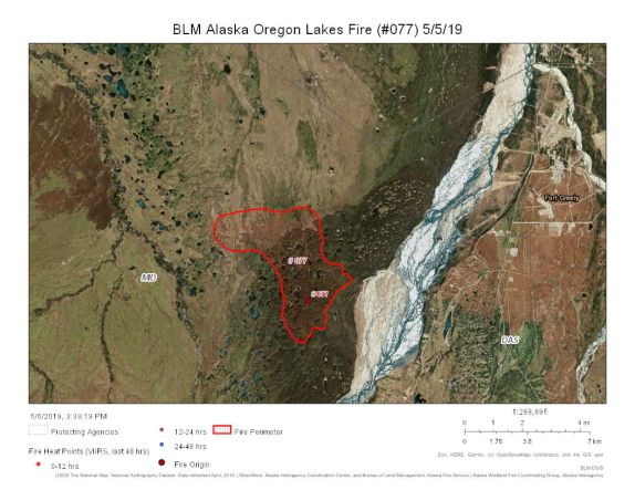 Map of the area where the Oregon Lakes Fire is burning on the Donnelly Training Area about 11 miles south of Delta Junction on May 5, 2019.