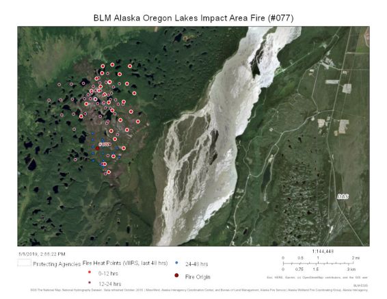Map of The Oregon Lakes Impact Area Fire (#077) is burning mostly in a 2013 burn on the west side of the Delta River southwest of Fort Greely.