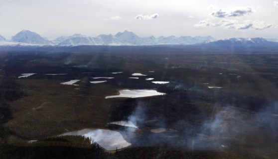 Photo of a few puffs of smoke were seen from from the northeast corner during an evening flight on the Oregon Lakes Fire on May 9, 2019. Photo by Branden Kobayshi