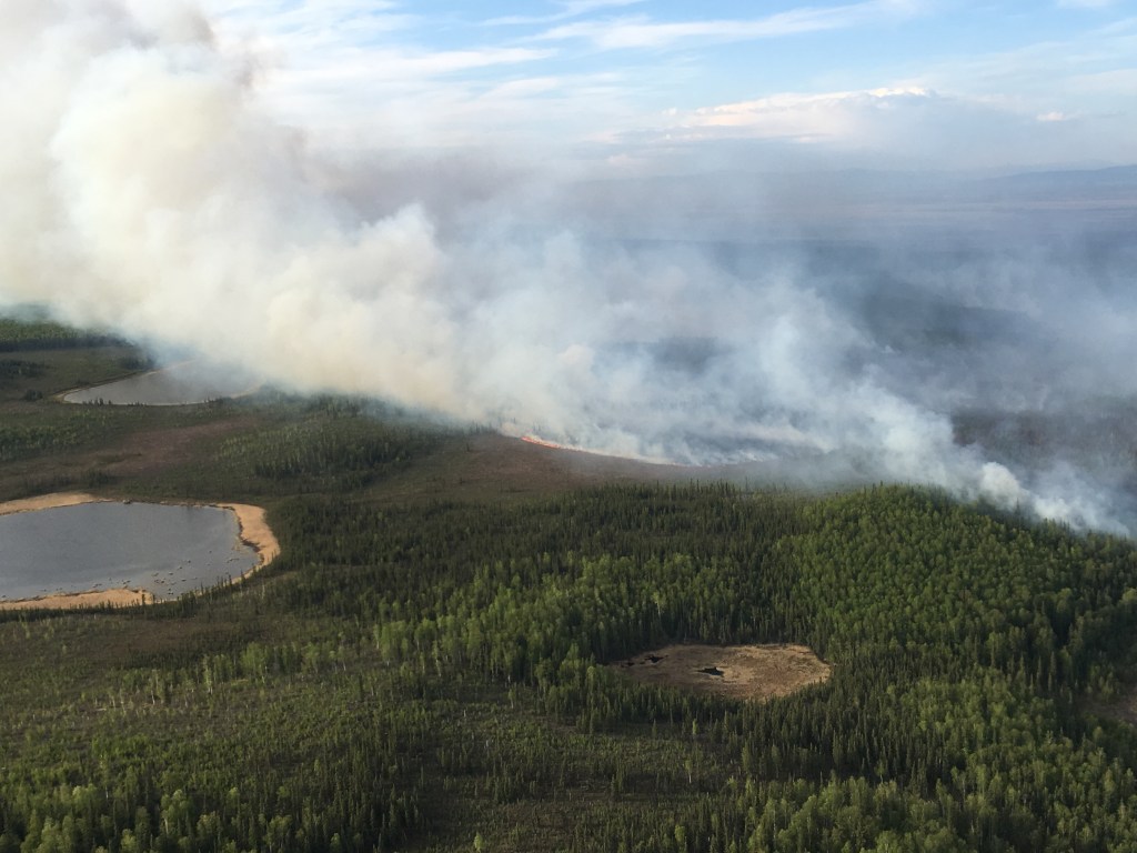 Oregon Lakes Fire was active on the west flank on the Kansas Lake Impact Area on May 20, 2019. Photo by Karen Scholl, Alaska Interagency Incident Management Team